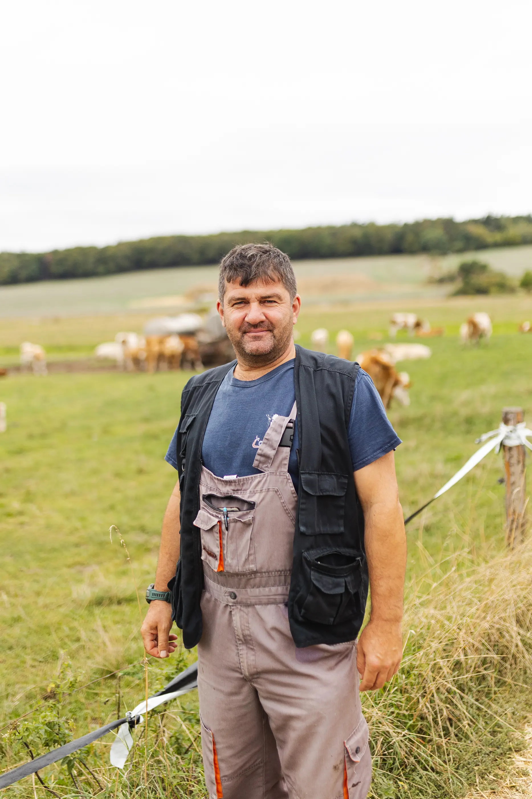 Man standing in a pasture with grazing cattle in the background.
