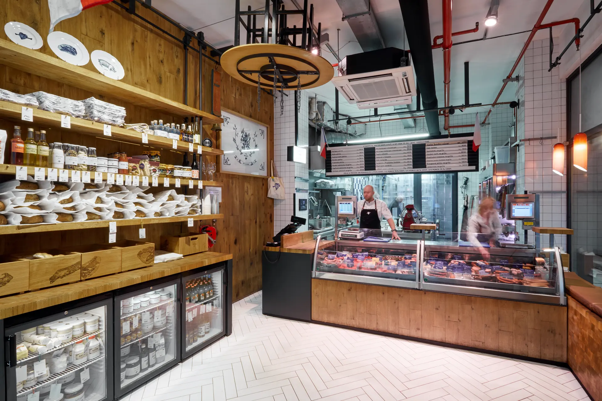 Interior of Naše maso butcher shop on Dlouhá Street.
